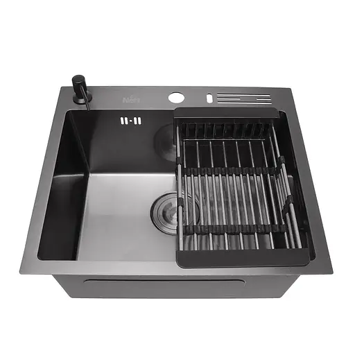 Кухонная мойка черная 45 см накладная 1.5 мм из нержавеющей стали Nett NВ-5245, Черный - фото 9