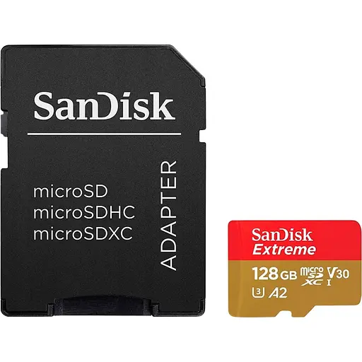 Карта пам'яті SanDisk microSDXC 128GB UHS-I Extreme Pro U3 V30 A2 + SD Adapter (SDSQXAA-128G-GN6AA) (136937)
