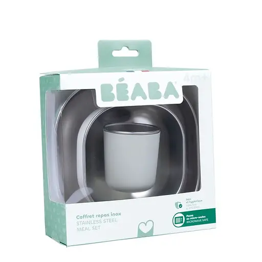 Набір: тарілка, миска, стакан Beaba металеві 4+ оливковий (913583) - фото 4