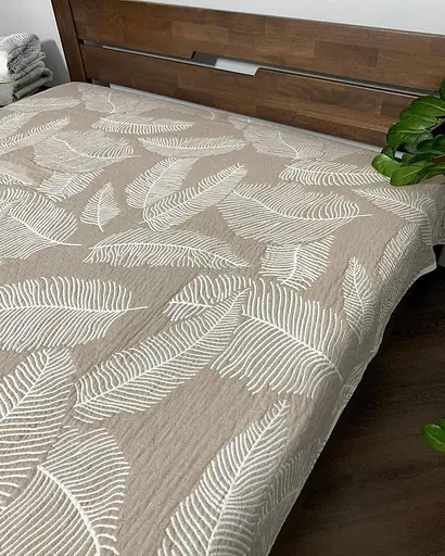 Муслиновое двустороннее покрывало 210x250 см с ботаническим принтом, плед на двуспальную кровать, уютный домашний Бежево-молочный - фото 8