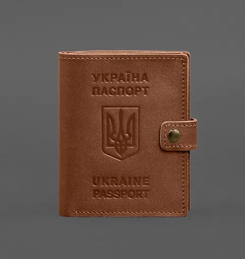 Кожаная обложка-портмоне на паспорт с гербом Украины 25.1 Светло-коричневая - фото 1