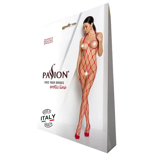 Бодистокинг в очень крупную сетку Passion BS091 red с доступом One size - фото 4