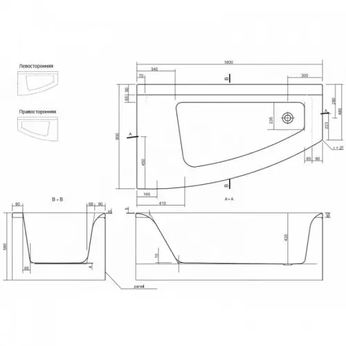Ванная асимметричная Cersant Vrgo Max 160 левая S301-133 - фото 2