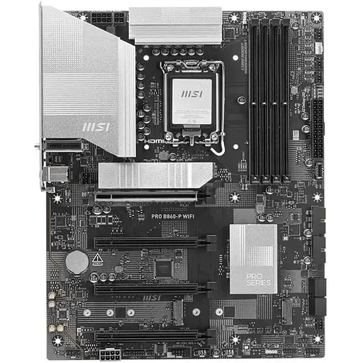 Материнская плата MSI PRO LGA1851, B860-P WIFI, B860, 4xDDR5, 1xPCI-E 5.0 x16, 3xPCI-E 4.0 x16, 4xSATA3, 3xM.2, ALC897, Realtek 8126 5Gb, WiFi 7, Bluetooth 5.4, HDMI/DP/Type-C, ATX
