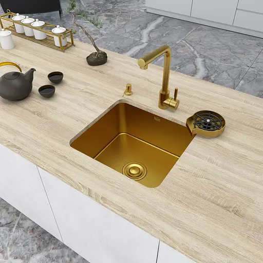 Кухонная мойка золотая из нержавеющей стали 45 см под столешницу Nett NG-4643, Золотой - фото 4
