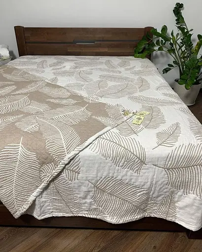 Муслиновое двустороннее покрывало 210x250 см с ботаническим принтом, плед на двуспальную кровать, уютный домашний Бежево-молочный - фото 4