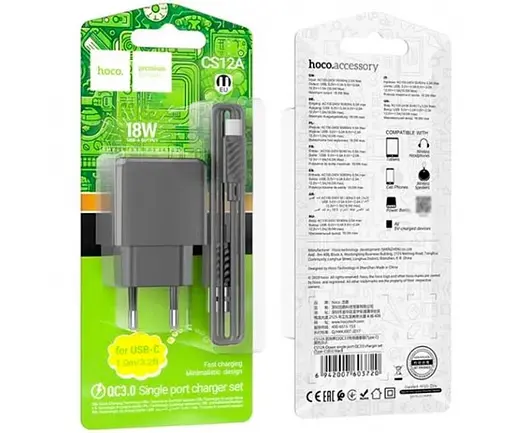 Адаптер зарядное устройство Hoco CS12A (1 USB 18 W) + кабель USB Type-C (черный) - фото 3