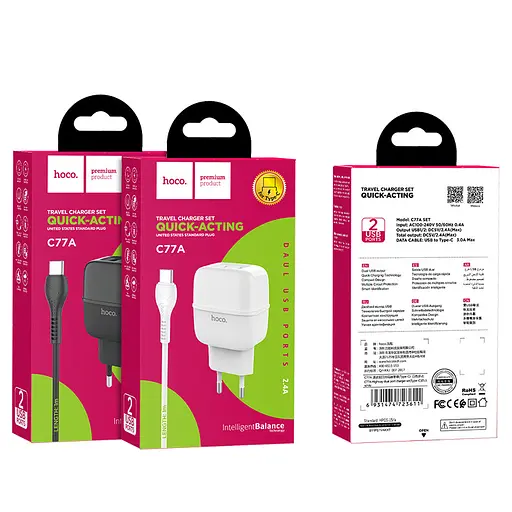 Адаптер мережевий - зарядний блок із кабелем HOCO Type-C Highway C77A 2 порти USB набір чорний - фото 4