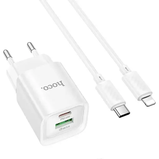 Мережевий зарядний пристрій Hoco C147A Charm PD20W+QC3.0 charger set(Type-C to iP)(EU) Білий - фото 1