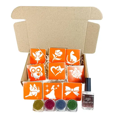 Набор для био-тату "Для девочек #3 - глиттер" Fresh Tattoo set-girls-3-glitter 9 трафаретов - фото 1