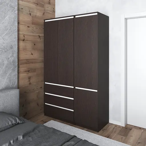 Шкаф для одежды Vays в спальню с 3 шухлядами, штангой и полками, без ручек R9+R22 Венге Темный-Белые планки