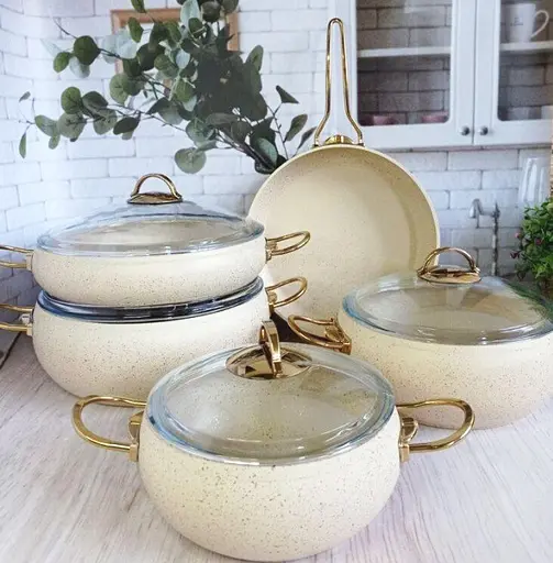 Набір каструль O.M.S. Collection 3024 9 предметів з гранітно-мармуровим покриттям Cлонова кістка - фото 3