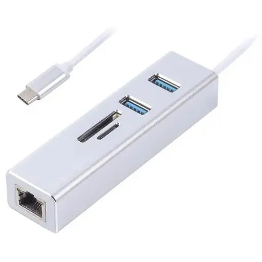 Адаптер Maxxter, Grey, USB Type-С (M)-2*USB 3.0 (F)/RJ-45(F) Gigabit Ethernet 1000 Mbps, microSD/TF card reader, метал (NECH-2P-SD-01)