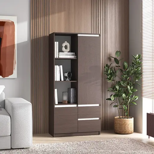 Шкаф для книг Vays R-26 Венге Темный-Белые планки пенал с полками и ящиками ЛДСП 80x40x170 см для дома офиса гостиной