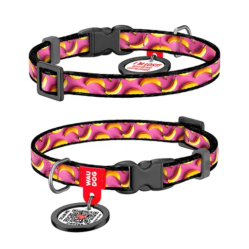 Ошейник для кошек и мелких пород собак нейлоновый Waudog Nylon с QR-паспортом "Бананы на розовом" пластиковый