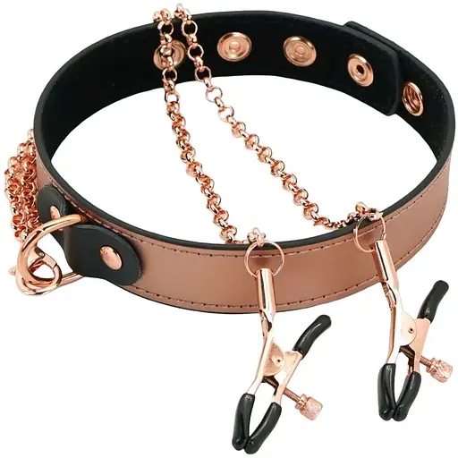 Нашийник із затискачами для сосків Liebe Seele Rose Gold Memory Collar With Nipple Clamps