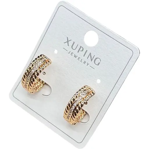 Сережки Xuping напівкільця з фактурним візерунком і доріжкою камінців гіпоалергенне медичне золото - фото 1