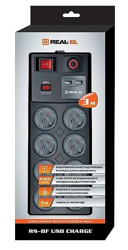 Мережевий фільтр RS-8F USB CHARGE 3m, black (EL122300004) - фото 7