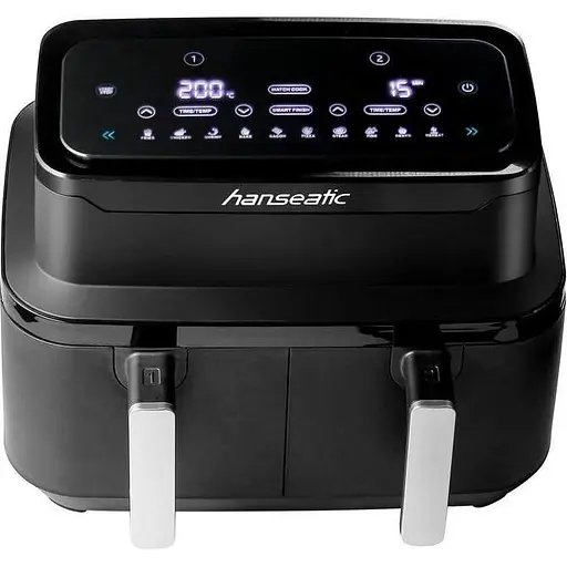 Аэрофритюрница Hanseatic HAF212600D 2в1 с XXL-объемом 9 л, функцией сушки, двумя лотками и сенсорным дисплеем