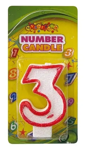 Свічка-цифра з кольоровим контуром і глітером всередині, цифра 3
