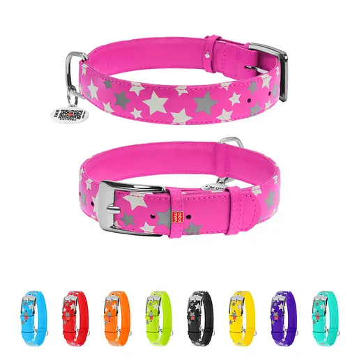 Ошейник для собак кожаный Waudog Glamour с QR-паспортом узор "Звездочка" светонакопительный/светоотражающий XL Ш 35 - фото 2