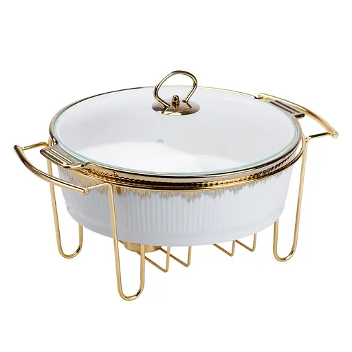 Мармит круглый 3 литра настольный с 2 подогревами для блюд керамический на металлической подставке с крышкой Белый с золотым - фото 4