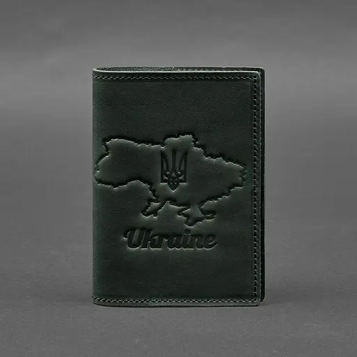 Кожаная обложка для паспорта с картой Украины зеленый Crazy Horse - фото 7