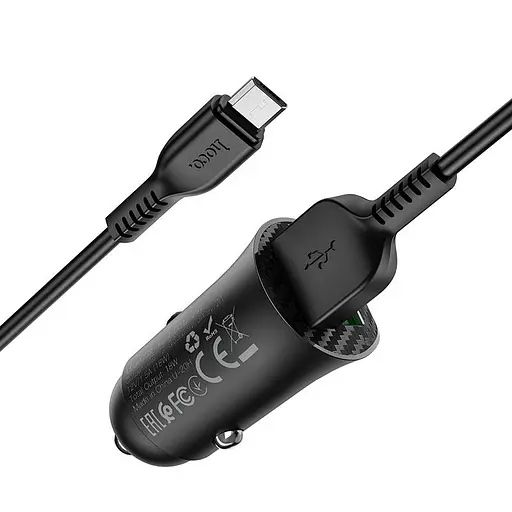 Набор зарядного автоадаптера Hoco Z39 + кабель Micro USB 2 юбки QC3.0 18вт черные - фото 1
