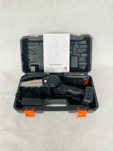 Акумуляторна ланцюгова міні пила 4 дюйма 24Vf для обрізки дерев і розпилювання дров у пластиковому кейсі Чорна - фото 3