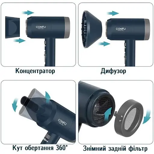 Профессиональный фен для волос Confu KF-3127 с ионизацией, диффузором, 1800 Вт, темно-синий - фото 4