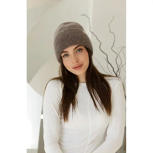 Теплая женская шапка Ангора Сердечко с флисовой подкладкой Коричневый - фото 1