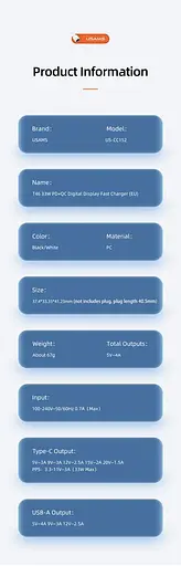 Зарядний пристрій Usams 33w з дисплеєм Digital Display Fast Charger CC152 T46 - фото 8