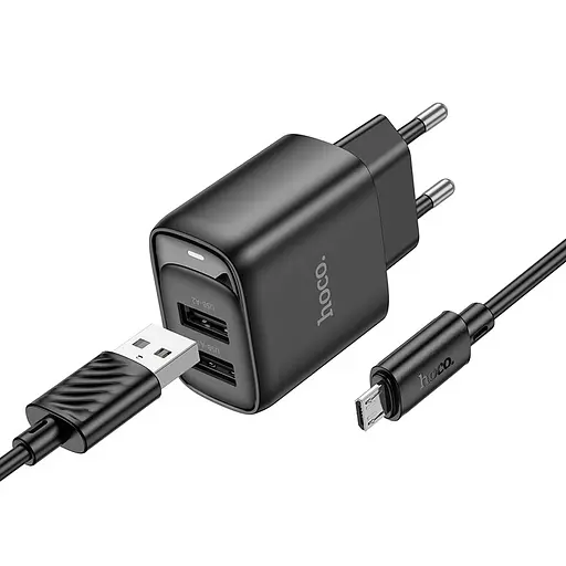 Сетевое зарядное устройство с кабелем Hoco C141A Smart dual-port charger set(Micro) черный - фото 1