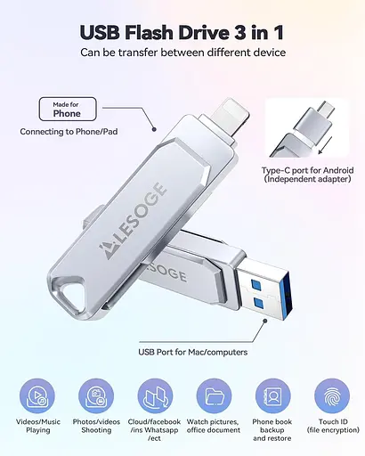 USB флеш-накопичувач 256 ГБ LESOGE Apple MFI USB-накопичувачі, 3 в 1 високошвидкісний USB-флеш-накопичувач - фото 6
