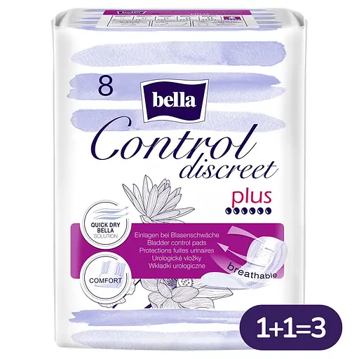 Прокладки урологические Bella Control Discreet Plus 1+1=3 24 шт. (3 уп. х 8 шт.) - фото 1