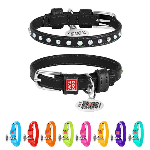 Нашийник для собак шкіряний Waudog Glamour з QR-паспортом з клейовими стразами Ш 9 мм Д 19-25 см чорний - фото 2