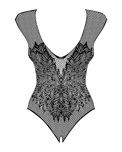 Бодистокинг из крупной сетки с кружевом Obsessive B112 teddy черный с доступом S/M/L - фото 4