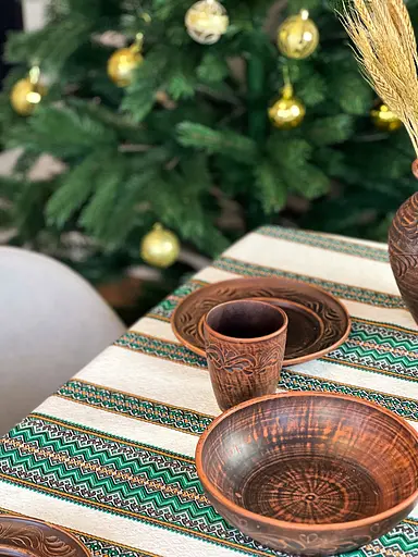 Лляна скатертина різдвяна з українським орнаментом "Рандеву зелений" - 180х150 см - фото 4