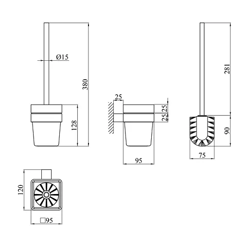 Ершик для унитаза настенный Kroner KRP Edelstahl Kubus - SCH3910 CV025649, Черный матовый - фото 2