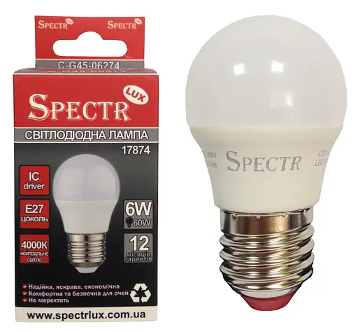 Лампа LED SPEKTR ДШ 6W-E27-4000K 540 Lm C-G45-06274 (17874) TM СПЕКТР - фото 1