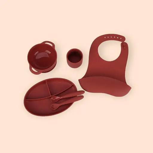 Набір силіконового посуду для першого прикорму дітей, 6 предметів, red dark - фото 1