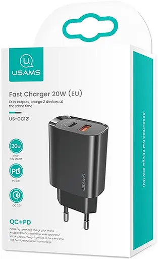 Зарядный адаптер блок сетевой USAMS T35 Fast Charger US-CC121 2 порта 20 Вт черный - фото 2