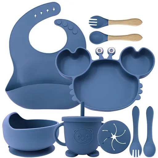Набор детской силиконовой посуды для первого прикорма на присосках 9 предметов Краб Blue (18977) - фото 1