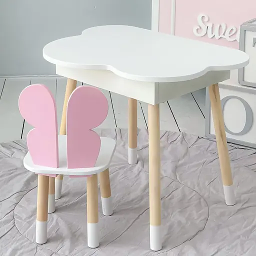 Детский стол Облачко с нишей и стульчиком Бабочка (Белый с розовым)