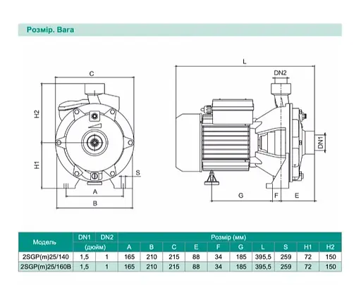 Центробежный насос Shimge 2SGP(m) 25/140, 1.1кВт, Нmax=42 м, Qmax=170л/мин - фото 3