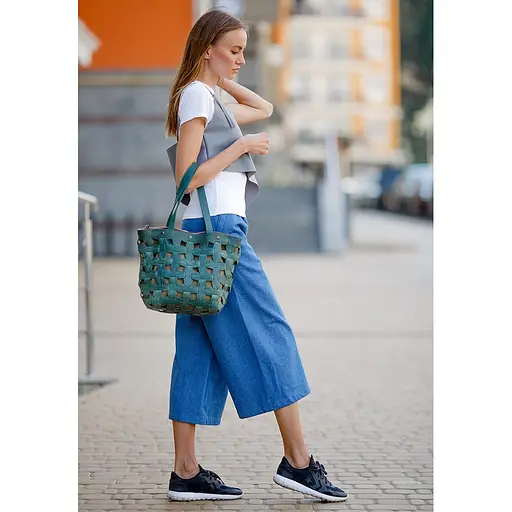 Шкіряна плетена жіноча сумка Пазл L зелена Crazy Horse - фото 7