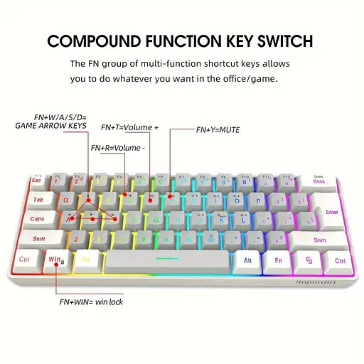 Snpurdiri 60% Проводная Игровая Клавиатура, RGB Подсветка, Компактная 61 Клавиша. Tadvyy, V800 balta ir pilka - фото 2
