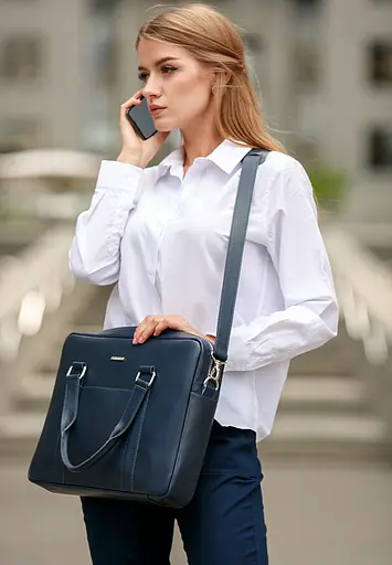 Шкіряна сумка для ноутбука і документів темно-синя - фото 10