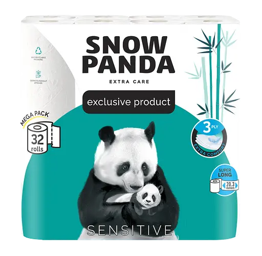 Туалетний папір Сніжна Панда Extra Care Sensitive Super Long тришаровий 32 шт