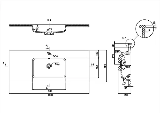 Раковина глянцевая врезная Amidicon Rodeo 120 1200x480 из литого камня RODEO_120_HL, Белый - фото 6